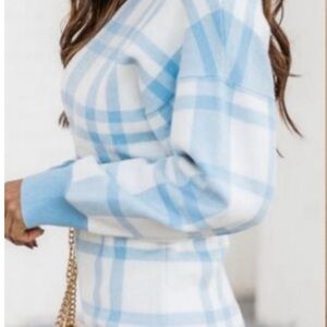 Pink Lily Blue and White Plaid Sweater Top & Dress Set